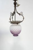 A Victorian pierced brass hanging light, with strawberry pattern glass shade,