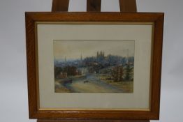 R Curzon, Cathedral scene, Watercolour, Signed lower right and dated 1886, 23.5cm x 34.
