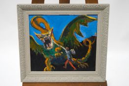 Paul W Ozere (British) 20th century, 'Slaying the Dragon', Oil on board, Signed bottom left,