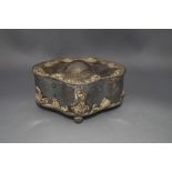 An electroplated jewellery casket, with embossed decorated borders, on ball supports,