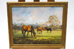 Peter Donnithorne, Three horses in a landscape, Oil on canvas, Signed lower right, 40.5cm x 50.