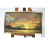 20th century school, Extensive landscape at sunset, Oil on board, 44cm x 76.