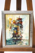 R Daly, Ship in full sail, Oil on board, Signed lower right,