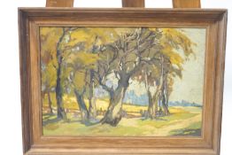 English school, second quarter of 20th century, Trees in a landscape, Oil on panel,