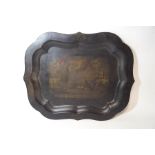 A Victorian papier mache tray with a Continental scene of moored boats,