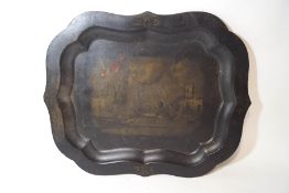 A Victorian papier mache tray with a Continental scene of moored boats,