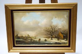 J.H. de Berg, Dutch winter landscape with skaters, Oil on board, Signed lower right, 37.