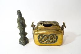 A Chinese polished bronze koro and cover, with bird handles and a Phoenix to the pierced cover,