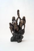 A contemporary bronze sculpture of three female nudes with flowing hair, 29.