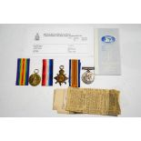 Three World War I medals, the 1914-15 Star, the Allied Victory medal and the British War medal,
