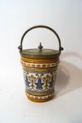 A Veleroye Boch Mettlach biscuit barrel with worn plated mounts, the body with stylised leaves,