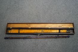 A split cane rod in fitted rod frame holdall, and a four piece Thames hollow bamboo roach pole, 18.