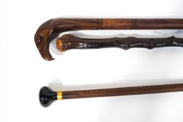 A blackthorn walking stick, a stick carved with a bird's head,