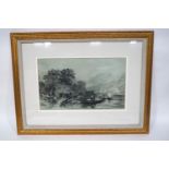 English School, mid-19th century Continental lakeside scene, Black and white chalk,