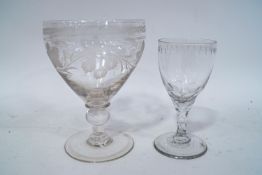 A 19th century glass rummer with engraved decoration of hops and vines, 15cm high,
