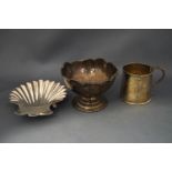 A bowl, marked 'Sterling Silver'; a silver mug; and a Walker & Hall silver shell butter dish,