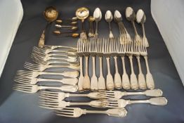 A quantity of plated cutlery, fiddle,