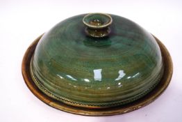 A Blagdon studio pottery cheese dish and cover, with bottle green glaze, impressed marks to base,