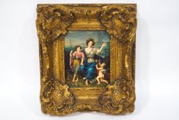 Italian style 20th century school, Goddess and two children in a landscape, Oil on panel,