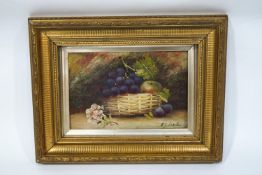 E J Lance (?), Still Life of fruit in a basket, Oil on board,