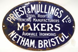 An enamel oval sign for Priest & Mullings Ltd, Steel Roof & Fencing Manufacturers, Bristol,
