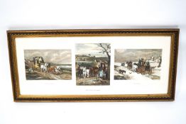 After W J Shayer, engraved by C R Stock, Coaching scenes a set of three framed in one 31cm x 79.