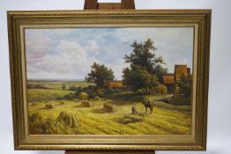 P Wilson (British, 20th century), Harvesting scene, Oil on canvas, Signed lower right,