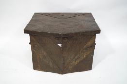 An Arts and Crafts style brass covered coal box, with iron side handles,