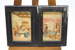 A pair of early 20th century painted plaster plaques of figures within interior scenes,
