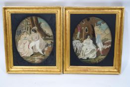 A pair of 19th century silkwork and woolwork pictures, each depicting figures in a rural landscape,