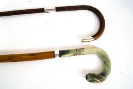 Two walking sticks, with white metal bands,