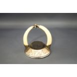 A silver and boars tusk mounted combination fob watch stand and pin cushion, Chester 1909,