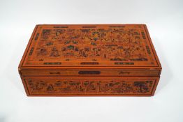 A rectangular Burmese box, decorated with multiple figures in an interior, in black, red and green,