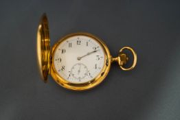 A 14 carat gold hunter pocket watch, stamped with Swiss control marks,