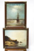 D Long (British School), Tall Ship in the moonlight, Coastal scene, Oil on canvas,