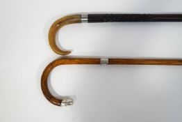 A horn handled and carved rosewood (?) walking cane,