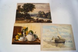 A collection of seven 19th century and later un-framed watercolours and prints, the smallest 14.
