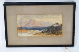 19th century English School, Mountainous landscape with figures to the foreground, Watercolour,