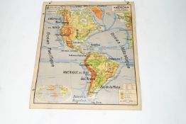 A mid-20th century French teaching map of North and South America, double sided,