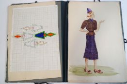 A student's folio of fashion design sketches, pencil and watercolour,