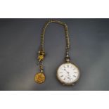 A continental silver open faced pocket watch;