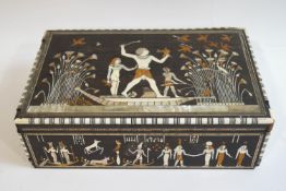 An Egyptian Revival hardwood box, inlaid with bone and mother of pearl,