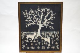A lacework scene of two deer underneath a tree, by Joan Payne, cased,