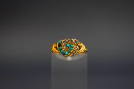 A Victorian 15 carat gold rose diamond and turquoise lover's hearts ring, Birmingham 1871,
