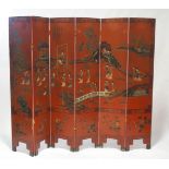 A mid-20th century Japanese red lacquered six fold room screen,