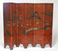 A mid-20th century Japanese red lacquered six fold room screen,