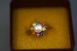 A multi gem and freshwater cultured pearl cluster ring, indistinctly marked, finger size N, 2.