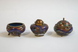 Three Chinese miniature cloisonne pots, two with covers,