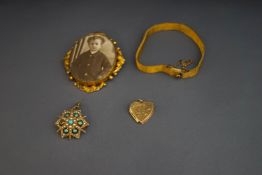 A Victorian gold, turquoise and seed pearl star brooch, a 9 carat gold heart locket,