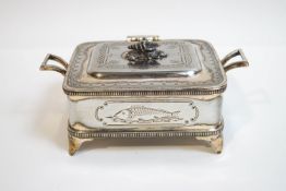 A silver plated two handled sardine dish by Walker & Hall, with glass liner,